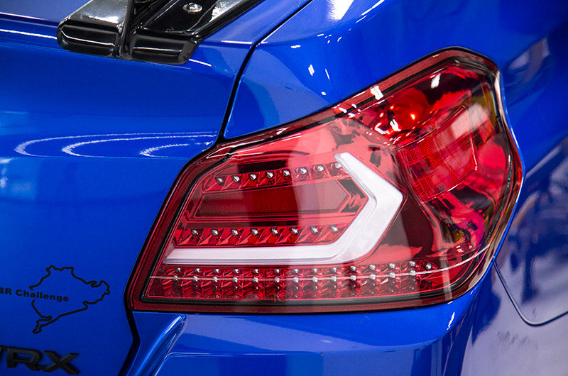OLM Evolution Tail Lights - Clear Lens, Red Base, White Bar - 2015-2021 Subaru WRX / STI