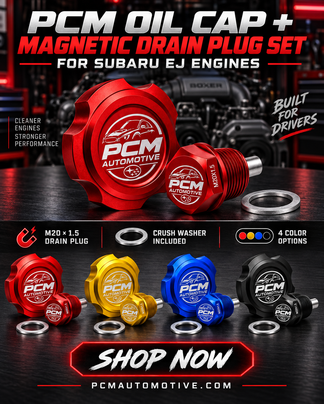 PCM Automotive Subaru EJ Billet Oil Cap & Magnetic Drain Plug Set – M20 × 1.5